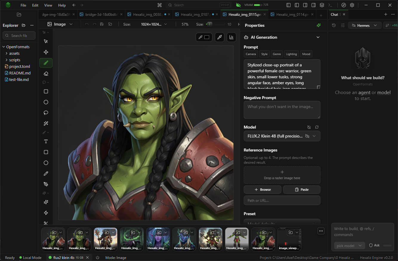 Hexaliz Engine editor — AI image generation inside the engine